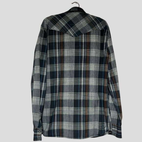 Vans Off The Wall Long Sleeve Pearl Snap Grey Rust Blue Plaid Western Shirt - Picture 2 of 11